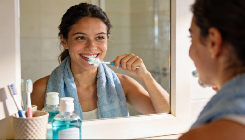 Una mujer lavándose los dientes mientras se mira en un espejo