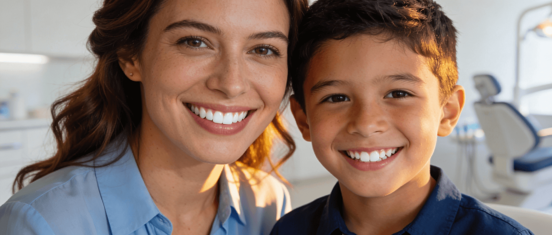 Mujer y niño sonriendo mientras muestran sus dientes limpios y bien encajados