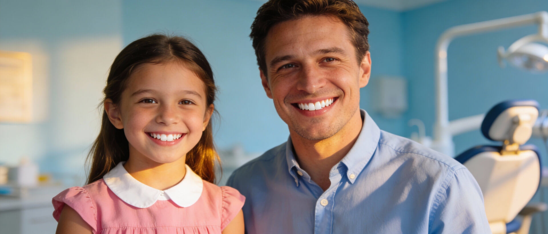 Un hombre y una niña sonriendo mostrando sus blancos dientes