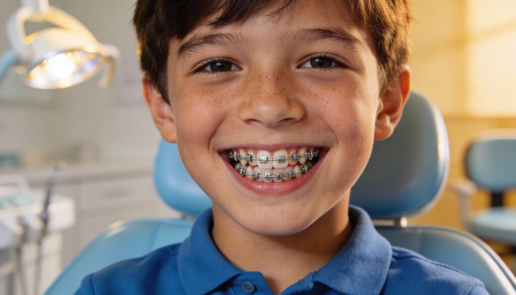 Niño sonriendo con brackets en los dientes